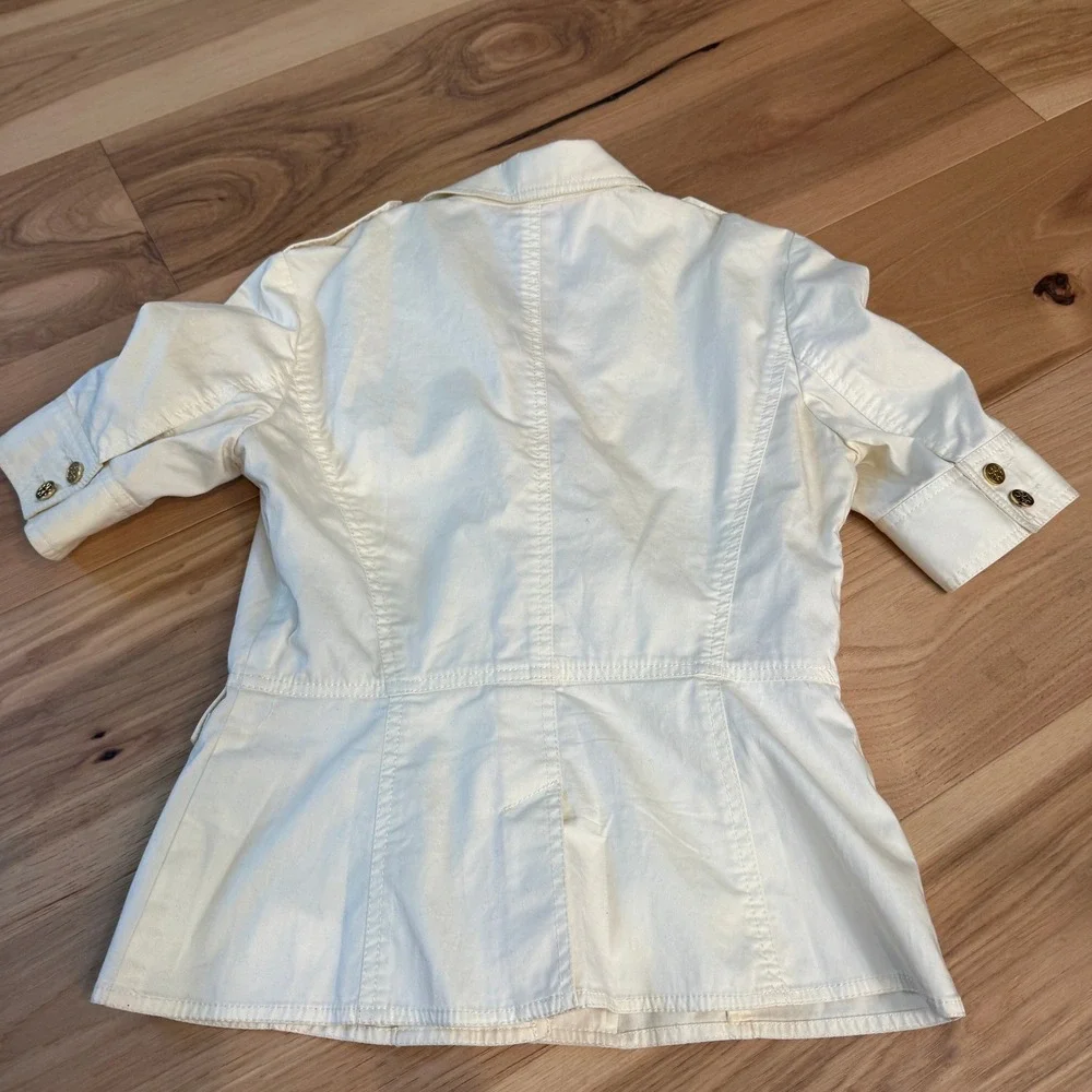 Tory Burch Safari Short Sleeve Jacket Women Size 6 White Gold Logo Button Cotton